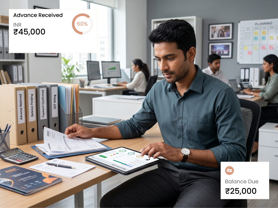 CIPHER CRM invoice and advance payment screen for an event management client