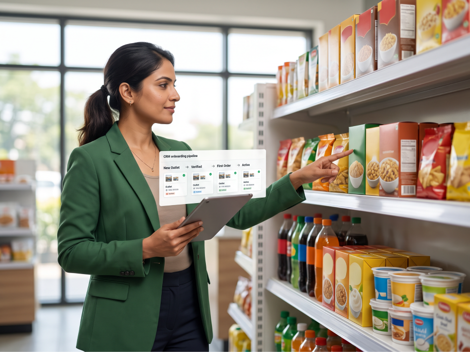 CIPHER CRM new outlet onboarding pipeline for FMCG and food brands showing retailer stages from prospect to first order