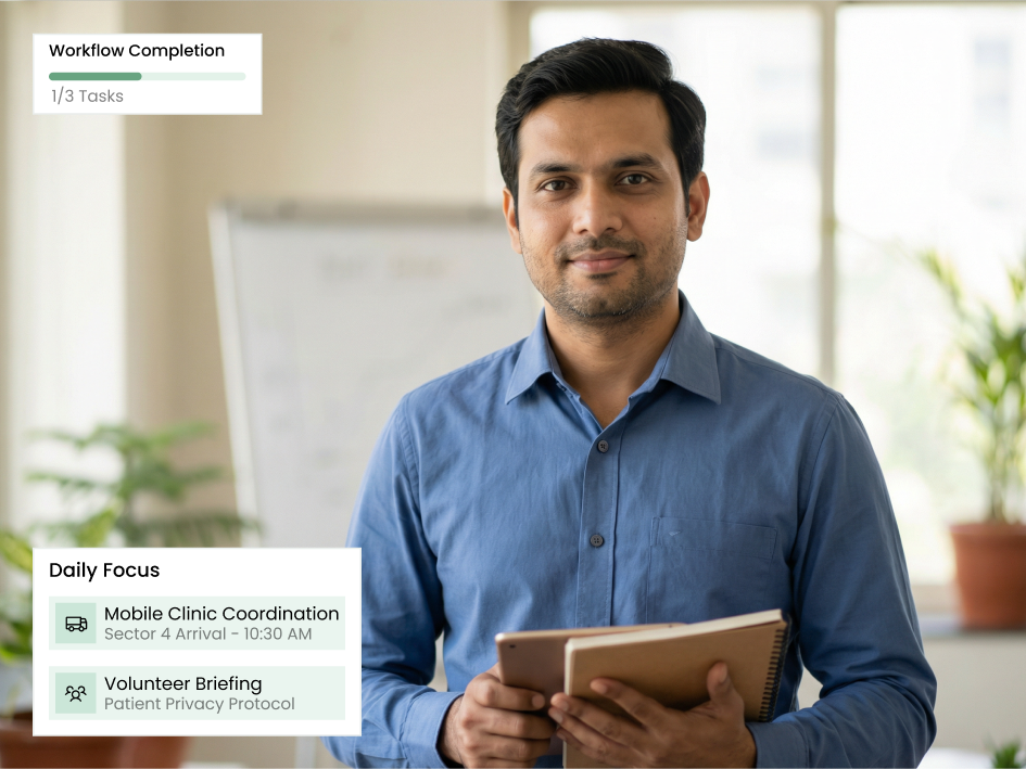 CIPHER CRM open in a phone browser as an NGO field officer updates a donor follow-up