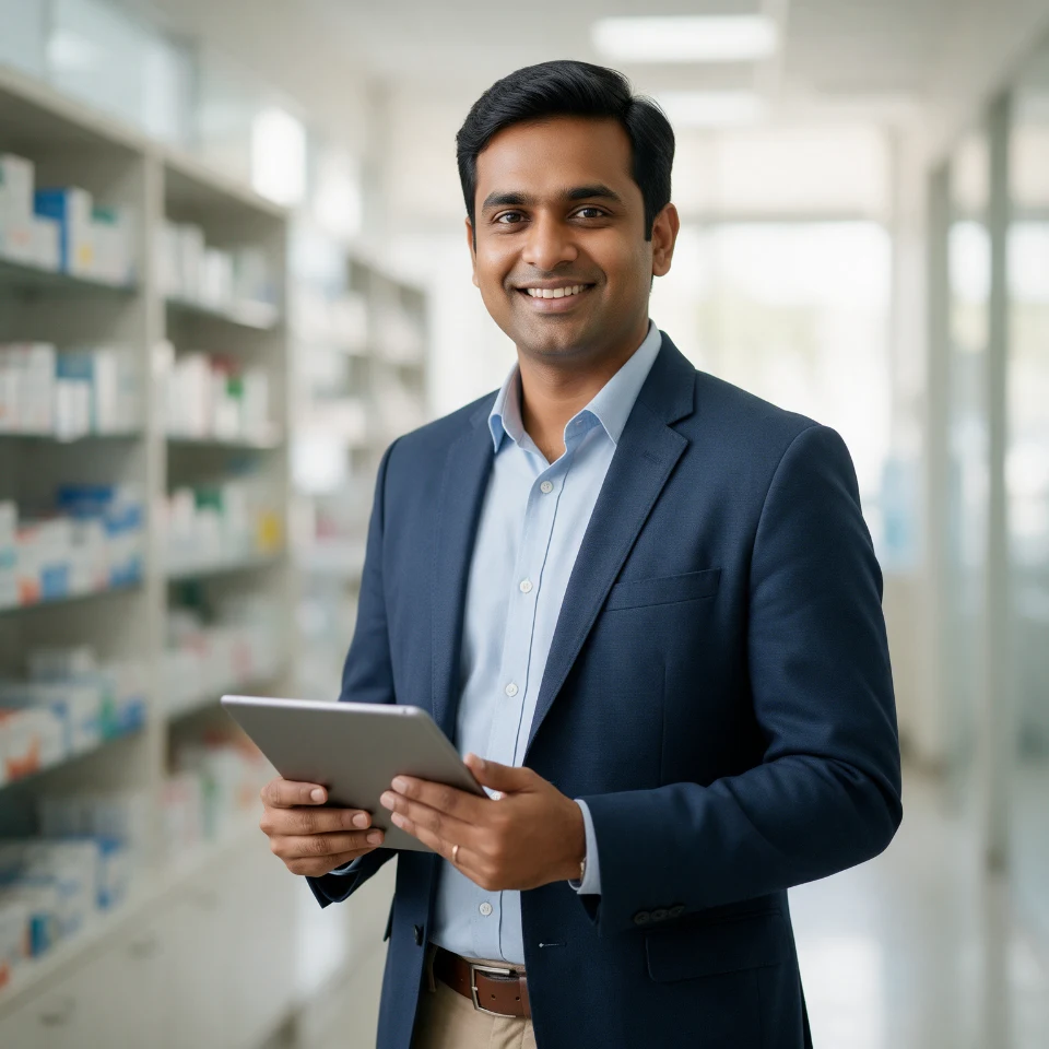 A pharma field rep with a tablet in a pharmacy aisle, logging an HCP visit and stockist order on CIPHER CRM