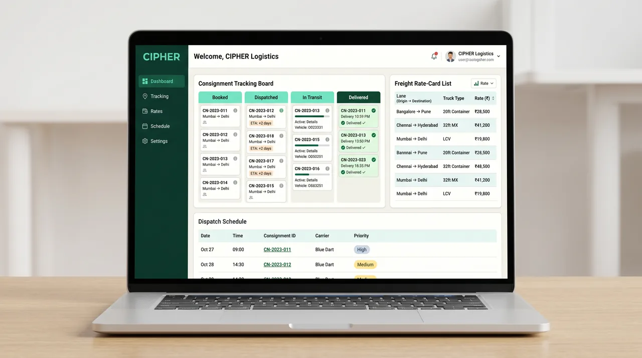 CIPHER CRM logistics pipeline with enquiries, quotations and active consignments