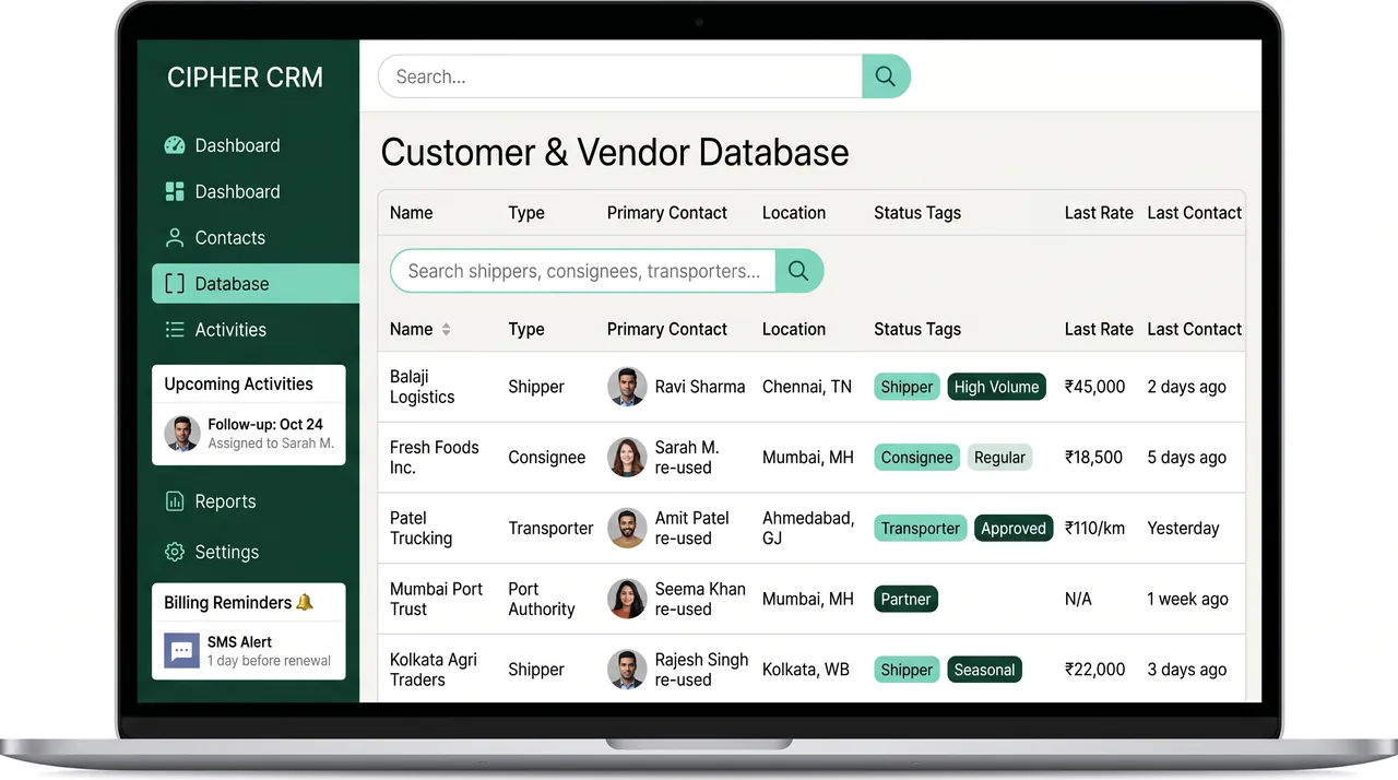 CIPHER CRM customer and vendor database for logistics contacts