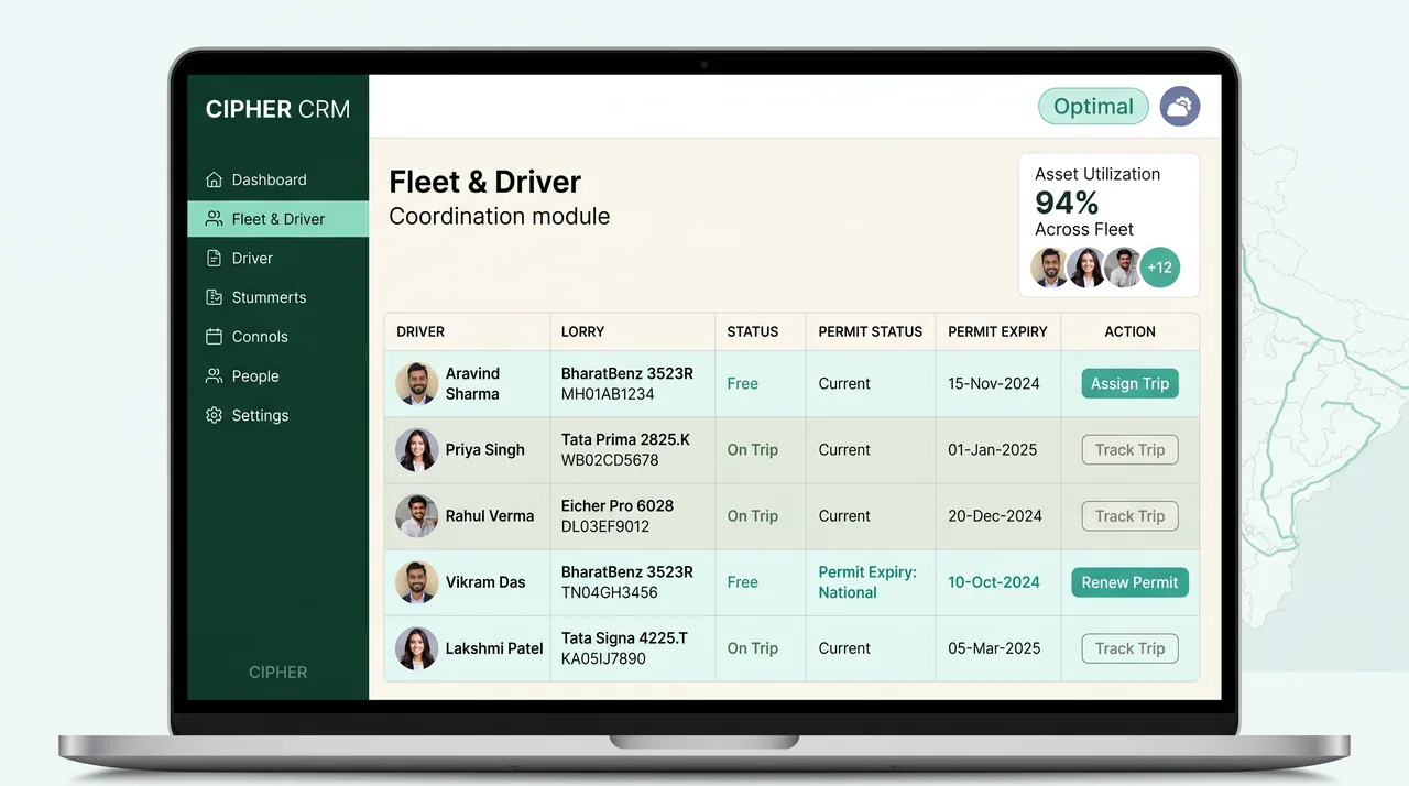 CIPHER CRM fleet coordination view with driver and vehicle availability