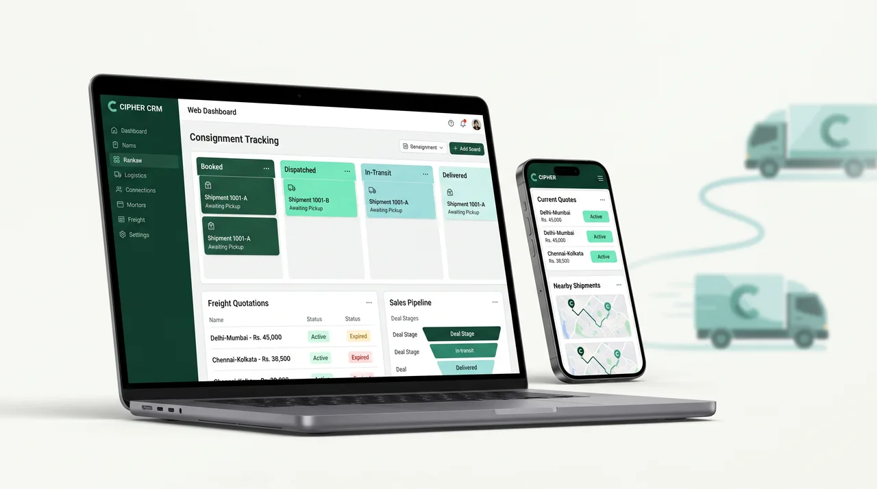 CIPHER CRM logistics dashboard showing live consignment tracking and a dispatch board
