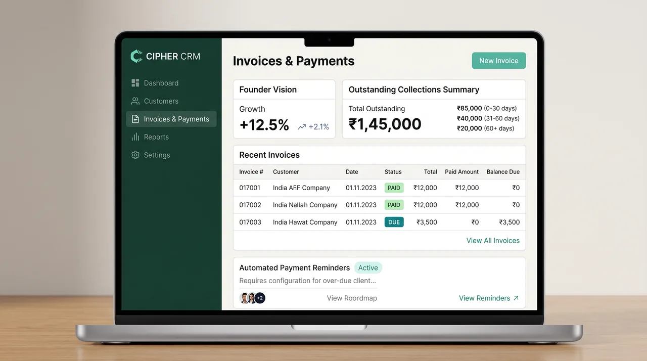 CIPHER CRM invoice and balance-due tracking screen for a logistics customer