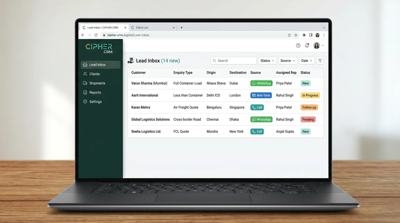 CIPHER CRM logistics lead inbox catching enquiries from calls, email and web forms