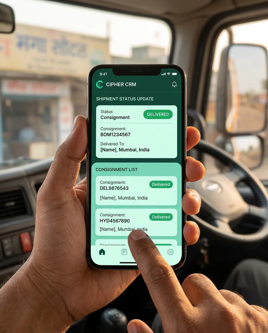 CIPHER CRM mobile app used by a logistics field team to update shipment status