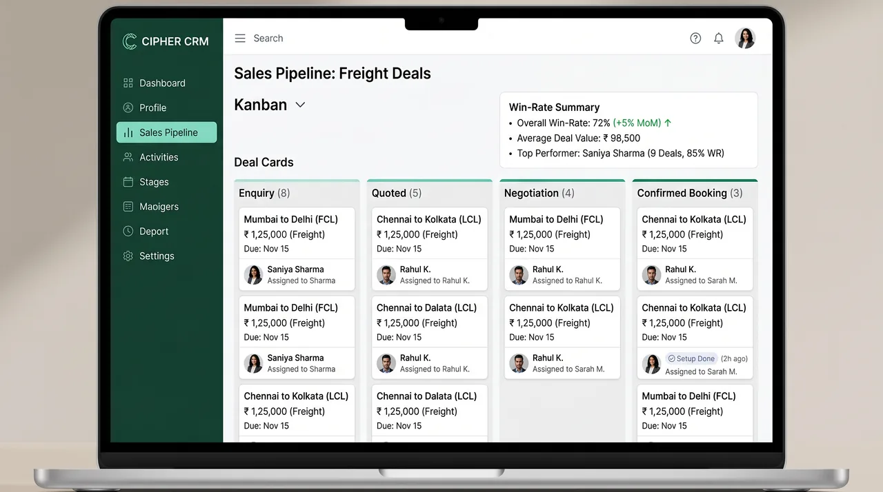 CIPHER CRM logistics sales pipeline with enquiry, quote and booking stages