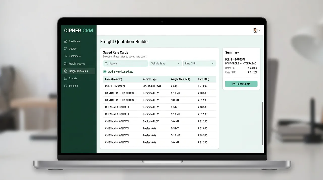 CIPHER CRM freight quotation screen with saved lane and vehicle rate cards