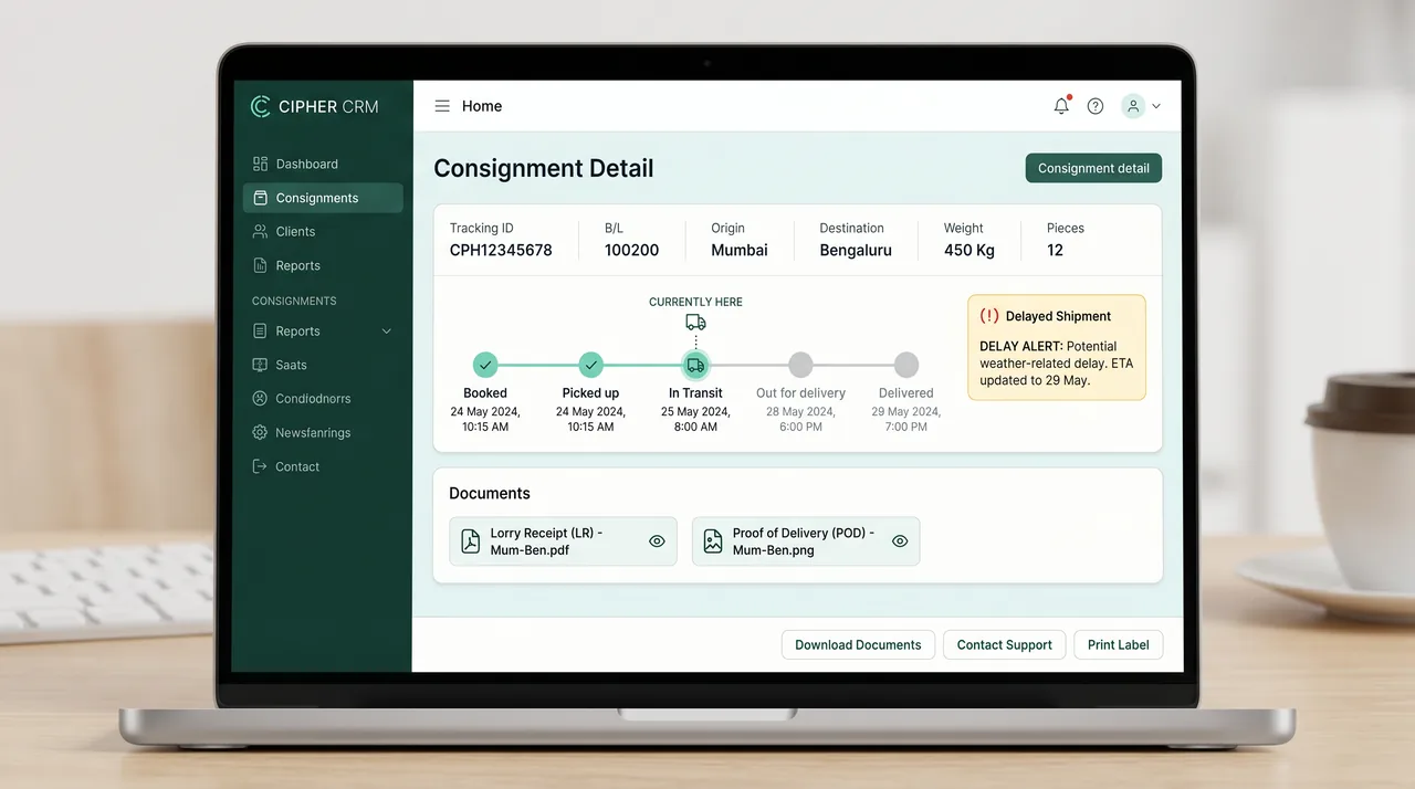 CIPHER CRM consignment tracking board showing shipments from booking to delivery