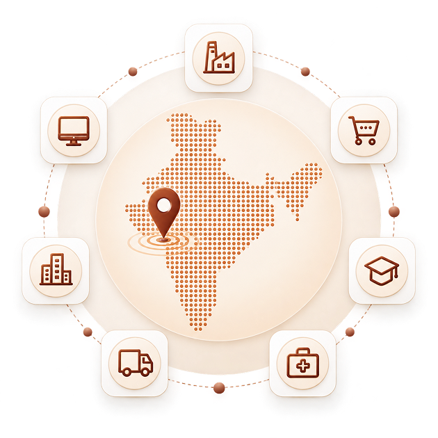 Map of India with industry icons around it